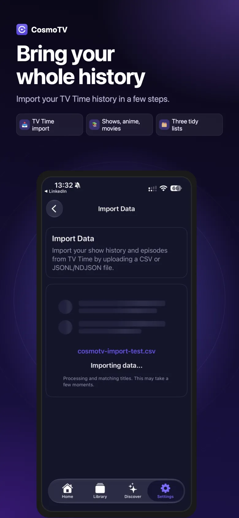 CosmoTV Import Data screen on iPhone reading a CSV file exported from TV Time and matching titles.