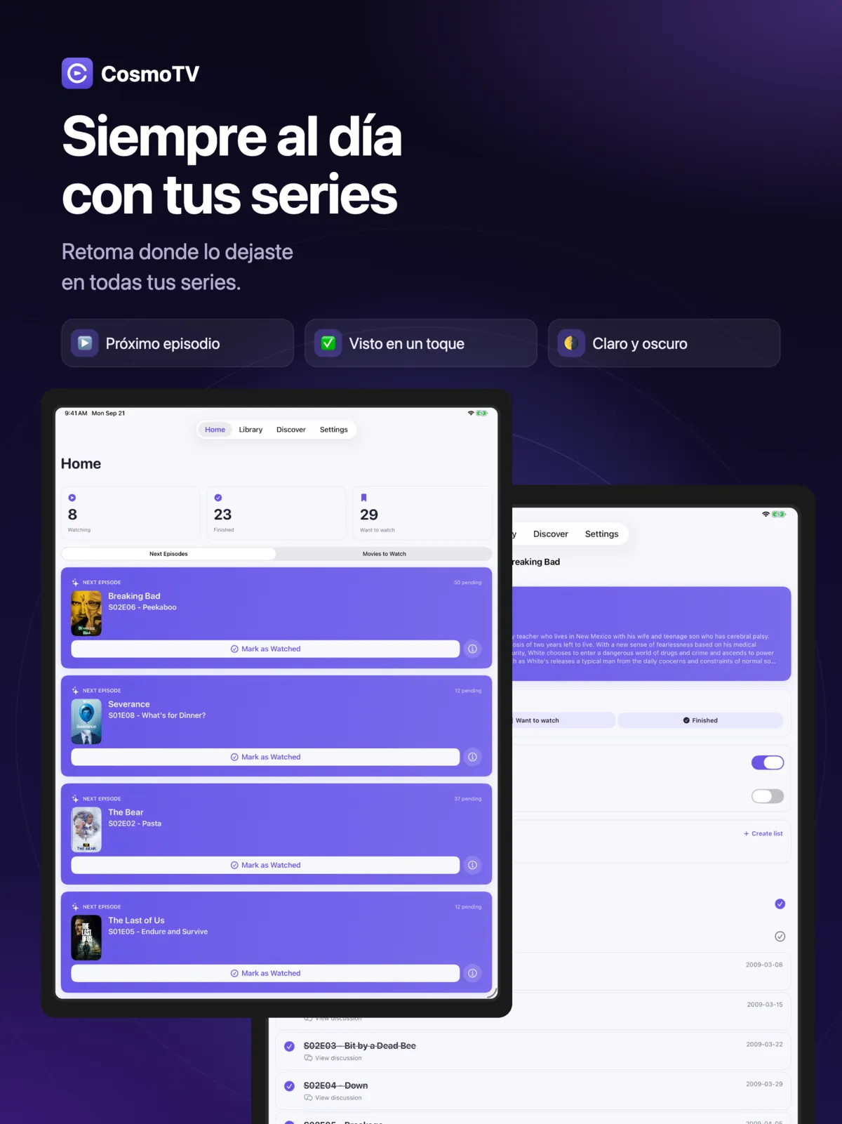 Inicio de CosmoTV en iPad con la cola de próximos episodios, cada uno con el botón Marcar como visto.
